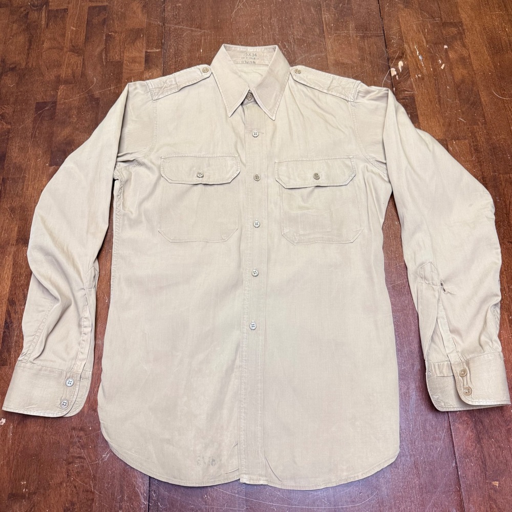 Vintage US Military Poplin Khaki Shirt Mens 15x34 Tan 1946 Dated Epaulets WW2